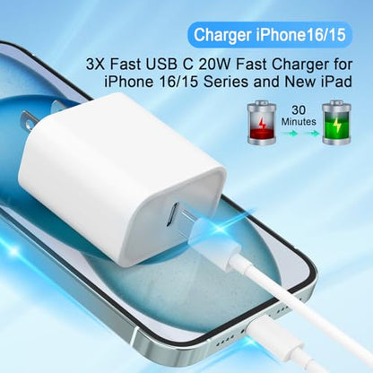 iPhone 17 16 15 Charger, USB C Charger, 4Pack Fast Wall Charging with Cable | USB-C Chargers Block (4-Pack 6 ft Cable Included) for iPhone 17/16/15/15 Pro/15 Pro Max/iPad Pro/AirPods Samsung & More - size: Single Port 4 Pack
