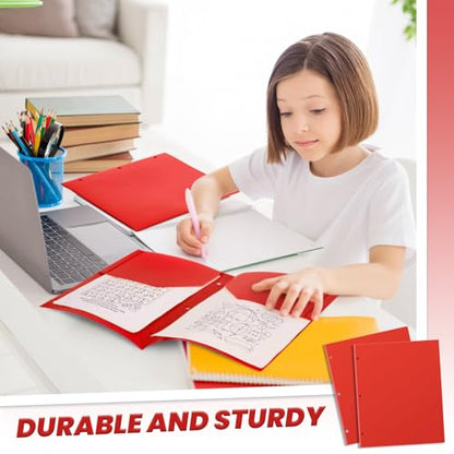Yeaqee 100 Pcs Plastic Folders with Pockets Bulk 3 Hole Punched 2 Pocket File Folders for 3 Ring Binder Divider Folder for Notebooks, Durable Poly for Office Home (Red) - color: Red