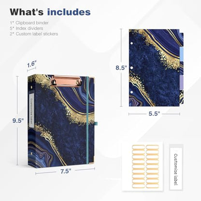 Ospelelf Mini 3-Ring Binder, 1 Inch, Cute Blue Marble Binder for 5.5" x 8.5", with 5 Tab Dividers, File Folder Labels and Low-Profile Clipboards, School and Office Supplies - color: Blue Marble, size: Mini 1in（ 5.5" x 8.5"）