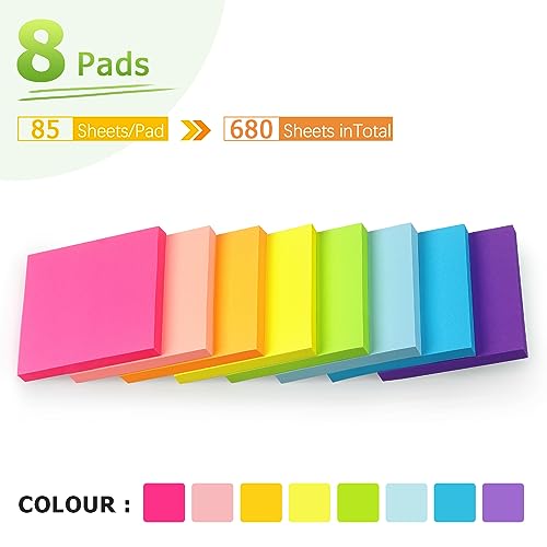 Sticky Notes 3x3 inch Bright Colors Self-Stick Pads 8 Pads/Pack 85 Sheets/Pad Total 680 Sheets - color: 8 Pads 3x3 in Bright Colors Sticky Notes