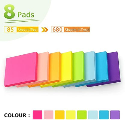 Sticky Notes 3x3 inch Bright Colors Self-Stick Pads 8 Pads/Pack 85 Sheets/Pad Total 680 Sheets - color: 8 Pads 3x3 in Bright Colors Sticky Notes