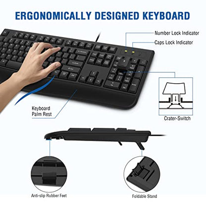 Wired Keyboard and Mouse Combo, EDJO Full-Sized Ergonomic Computer Keyboard with Palm Rest and Optical Wired Mouse for Windows, Mac OS Desktop/Laptop/PC - color: Black