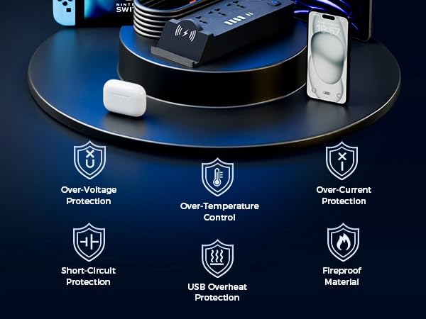 Universal Power Strip with 4 AC Outlets, 4*USB-A & 2*USB-C Ports, Fast Wireless Charging Stand, Surge Protector Extension Cord, Overload Protection Multi-Device Charging Station for Home & Office