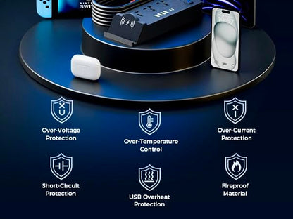 Universal Power Strip with 4 AC Outlets, 4*USB-A & 2*USB-C Ports, Fast Wireless Charging Stand, Surge Protector Extension Cord, Overload Protection Multi-Device Charging Station for Home & Office