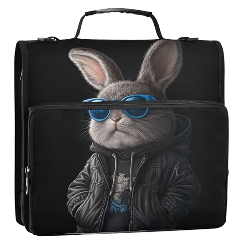 3 Ring Zipper Binder Cool Bunny Binder Organizer Portfolio with File and Shoulder Strap & Handle Large Capacity File Folder - color: Cool Bunny
