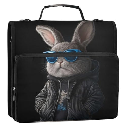3 Ring Zipper Binder Cool Bunny Binder Organizer Portfolio with File and Shoulder Strap & Handle Large Capacity File Folder - color: Cool Bunny