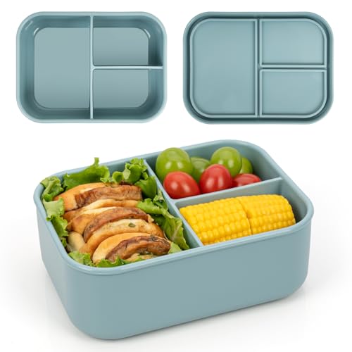 100% Silicone Bento Box Adult with 3 Compartments, 48oz, Reusable Divided Lunch Box Meal Prep Containers for Entree and Side Food Snack Storage, BPA-Free Plastic-Free, Microwave Dishwasher safe, Green - color: Green | 48oz | 3-Compartment