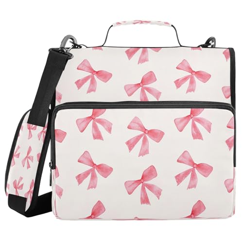 3-Ring Zipper Binder Bag, 13 Inch Laptop Organizer with Shoulder Strap Multiple Pocket File Folder for School Office - color: Pink Bow