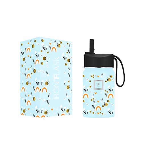 IRON °FLASK Kids Water Bottle - Straw Lid, 20 Name Stickers, Vacuum Insulated Stainless Steel, Double Walled Tumbler Travel Cup, Mug - Sweet Bees, 10 Oz - color: Sweet Bees, size: 10 Ounces