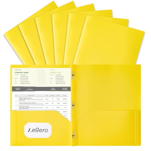 Aegero Folders with Pockets and Prong with Fasteners (6 Pack,Yellow),Durable Plastic Pocket Folders with Prongs,Tear Resistant,2 Pocket 3 Prong Folders for Schoolwork & Office,Letter Size - color: Yellow, size: 1 Set（6pack）