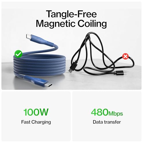 Statik MagStack Pro USB C to USB C Coiling Magnetic Charging Cable,100W | Nylon Braided Tangle-Free Design, Magnetic Coiling, Data Transfer, Compatible with iPhone & Android, 3FT Navy - color: Navy, size: 3ft, style: USB-C to USB-C