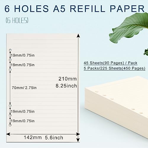A5 Refill Paper, [5 Pack] Toplive 100GSM Thick Refillable 6 Hole Filler Inserts - 225 Sheets (450 Pages) for 6 Ring Binder Journal Notebook, Lined - style: 5Pack Lined Paper