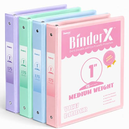 4 Pack Extra Durable 3 Ring Binders 1 Inch, Sooez 1” Three Ring Binder, Eco-Friendly & PVC Free, Customizable Clear View Cover for Letter Size 8.5 x 11'' Paper, Pastels School Office Supplies for Girl - size: 1 Inch