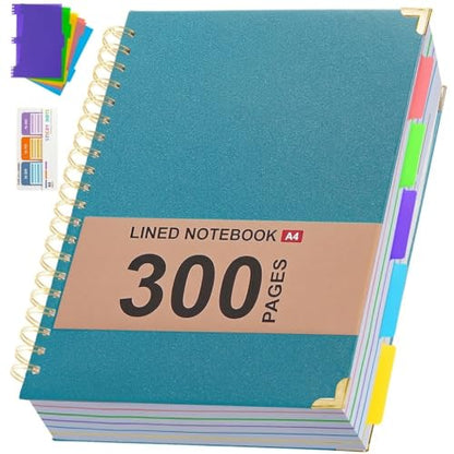 Hardcover Leather Spiral Notebook 8.5" x 11" with Removable Dividers, 300 Pages 5 Subject College Ruled Notebook for Work with Tabs, A4 Spiral Journal for Women Men, School Students Note Taking, Teal - color: 5 Subject Teal