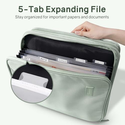 SUNEE Zippered Binder Bag with Handle, 2-Inch 3-Ring O-Ring, 500-Sheet Capacity, Includes Zip Pocket, 5-Tab Expanding File Folder, Multi-Pocket Organizer Binder for Middle School, Sage Green - color: Sage Green