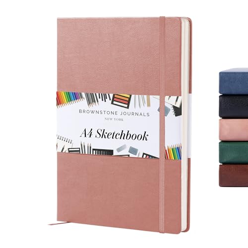 BROWNSTONE JOURNALS A4 Sketch Book Hardcover - 80 Sheets 100 GSM Paper 8.5"x11.5", Lay Flat, Vegan Leather Cover, Elastic Band, Back Pocket, Art Drawing Book (Rose Wood) - color: Rose Wood, size: A4 (8.5" x 11.5")
