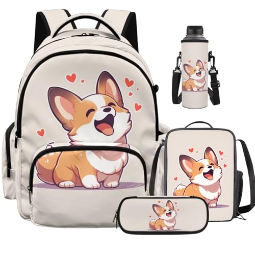 Cute Corgi Backpack for Kids Backpack Set of 4 with Lunch Bags Box Pencil Pouch for Boys Girls Age 6-12 4Th 5Th 6Th Grade Water Bottle Holder Middle Kindergarten Primary School Bag 17 inch - color: Cute Corgi