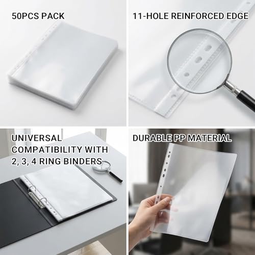 Clear Protector Sheets 50 Pack, 8.3 x 11.7 Inch Durable Plastic, 11-Hole Reinforced Edge, Letter Size, Compatible with 2/3/4 Ring Binders, Document Protection for Office & Home