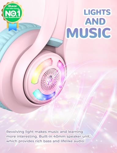 iClever BTH13 여아용 아동용 블루투스 헤드폰, LED 고양이 귀 여행 선물 | SafeSound Tech, 50시간 재생, USB C 충전, AUX 케이블, 스테레오 사운드, 태블릿용 마이크가 있는 아동용 헤드폰 무선, 핑크 - color: 핑크