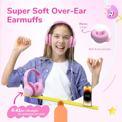 EarFun K3 Kids Headphones, Over Ear Headphones with Microphones, 85/94dB Safe Volume Limit, HD Stereo Sound, 3.5mm Jack, Foldable Wired Headphones for School/Travel/Boys/Girls/Tablet/iPad, Pink - color: Pink