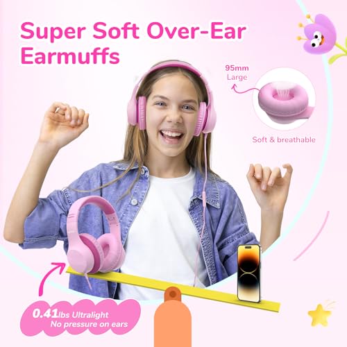 EarFun K3 Kids Headphones, Over Ear Headphones with Microphones, 85/94dB Safe Volume Limit, HD Stereo Sound, 3.5mm Jack, Foldable Wired Headphones for School/Travel/Boys/Girls/Tablet/iPad, Pink - color: Pink