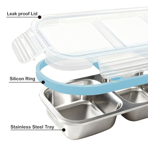 Stylish Blue Stainless Steel Lunch Box for Women - 3-Compartment Leak-Proof Snackle Box, Reusable Snack Containers with Lids for Kids & Adults, Stainless Steel Snack Containers & Storage Containers - color: 3 Compartments Blue