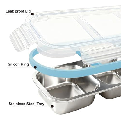 Stylish Blue Stainless Steel Lunch Box for Women - 3-Compartment Leak-Proof Snackle Box, Reusable Snack Containers with Lids for Kids & Adults, Stainless Steel Snack Containers & Storage Containers - color: 3 Compartments Blue