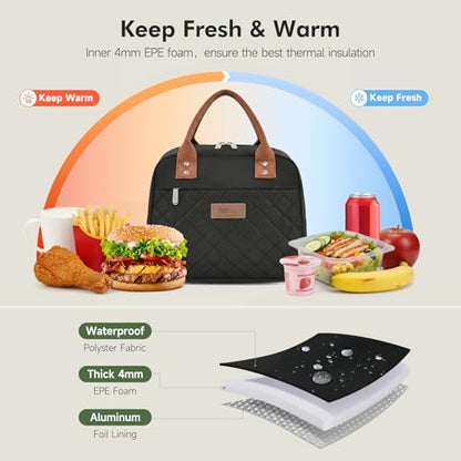 HOMESPON Insulated Lunch Bag for Women Men, Cooler Tote Box, Black | Front Pocket, Side Mesh Pockets, Reusable, for Work, Picnic, Food Container - color: Black