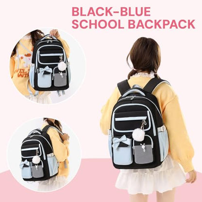 Girls Backpack School Bags Kids Elementary School Backpack for Girls Teens Cute Childrens Bookbags Casual Back Packs, Black Blue - color: Black-blue