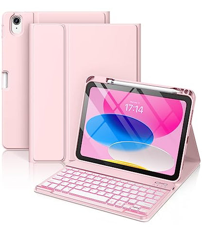 Hamile for iPad 11th 10th Generation Case with Keyboard - 7 Colors Backlit Wireless Detachable Folio Keyboard Cover with Pencil Holder for iPad 11-inch A16 2025 10th Gen 10.9 Inch 2022 (Light Pink) - color: Light Pink