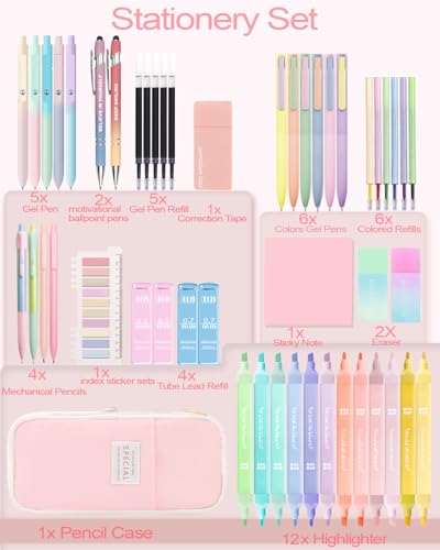 53PCS Aesthetic Office Supplies with Large Pencil Case,12 Pastel Highlighters,5 Black & 6 Color Ink Gel Pens,2 Inspirational Stylus Ballpoint Pens,4 Mechanical Pencils 0.5-0.7mm College Essentials - color: Multicolor，Black