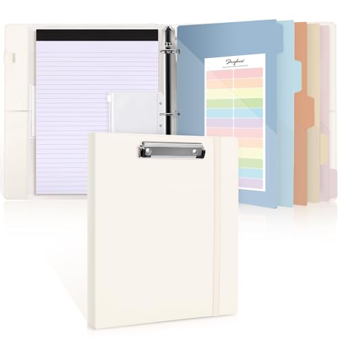 SKYDUE 3 Ring Binder with Clipboard,1 Inch Binder, 13.2" × 10.2" PU Clipboard Binder with Notepad & 5 Dividers with 5 Pockets, Labels, Clipboard Folder Great for School Office(Fit Letter Sized Paper) - color: Creamy Oatmeal, size: Letter Size - 1 Inch