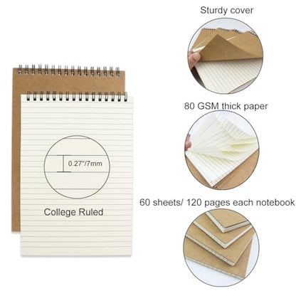 4 Pcs Top Bound Spiral Notebook,8.3 inch x 5.8 inch,60 Sheet,7mm College Ruled Paper,A5 Spiral Note Pads Memo Lined Notebook Journal for School and Office Supplies (Kraft) - color: Kraft (4pcs)