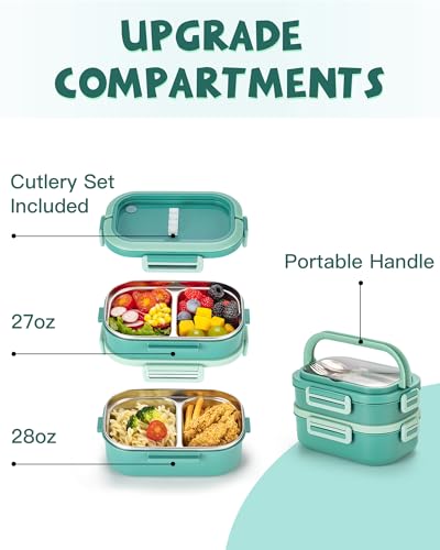 Lille Home Stackable Lunch Box, 2 Tier Stainless Steel Bento Lunch Box, 56oz Large Capacity Leakproof Lunch Containers, 4-Compartment Lunch Box with Utensils for Meal Prep, Work, Picnic(Green) - color: 2 Tier-Green