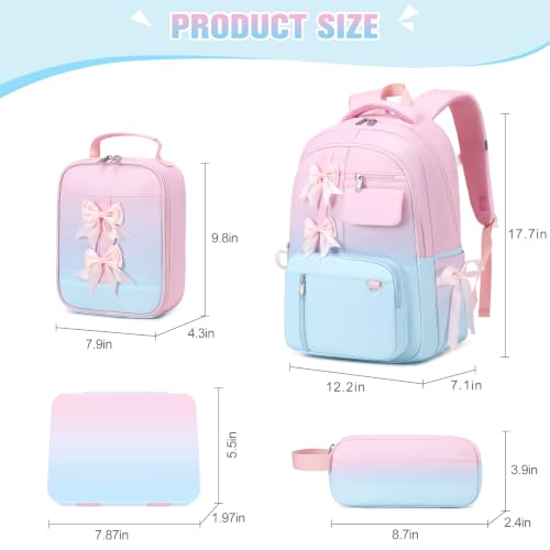 Bevalsa Backpack for Girls, Bow Kids Backpack with Bento Lunch Box, Insulated Bag & Utensils, 34oz Lunch Containers, Cute School Bookbag for Children Teens for Elementary Middle Student (Pink Blue) - color: Pink Blue