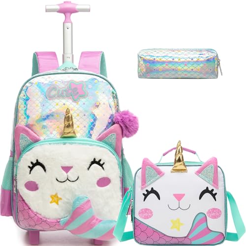 Meetbelify Backpack with Wheels for Girls Rolling Backpack Cute Carry on Backpack for Elementary Student - color: White Cat Mermaid