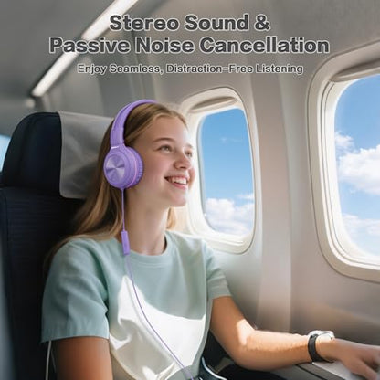 SIMOLIO Kids Wired Headphones with Mic, USB C & 3.5mm, 3-Level Safe Volume, Share Port & Pouch, Stereo Sound& Passive Noise Cancelling, Foldable Over Ear Headsets for Tablet Kindle iPhone iPad Travel - color: Purple