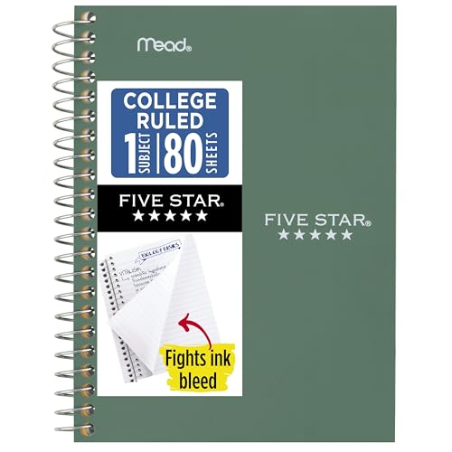 Five Star Spiral Notebook, 1 Subject, College Ruled Paper, 4-3/8" x 7", Personal Size, 80 Sheets, Fights Ink Bleed, Water Resistant Cover, Seaglass Green (450048CH1-ECM) - color: Seaglass Green