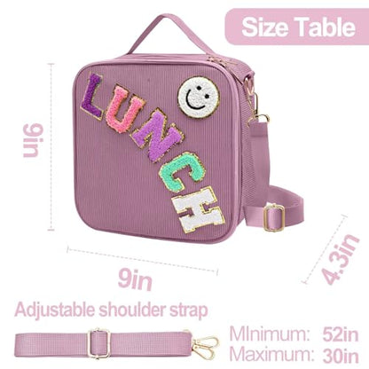 Insulated Lunch Bag With Adjustable Shoulder Strap, Cute Corduroy Preppy Lunch Box Large Insulated Lunch Bag Reusable Lunch Tote Bag (Purple) - color: Purple