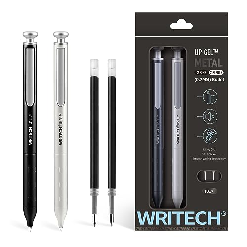 WRITECH Gel Pens Fine Point: Premium Metal Barrel Retractable 0.7mm Black Ink Pen 2ct with 2 Refills No Smear & Bleed Quick Dry Smooth Writing Silent Click Luxury Up-Gel - color: Black & White