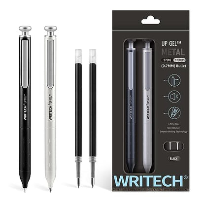 WRITECH Gel Pens Fine Point: Premium Metal Barrel Retractable 0.7mm Black Ink Pen 2ct with 2 Refills No Smear & Bleed Quick Dry Smooth Writing Silent Click Luxury Up-Gel - color: Black & White