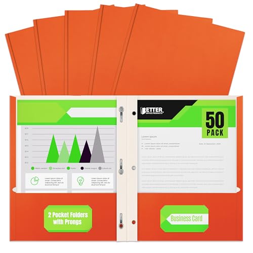 Better Office Products Orange Paper 2 Pocket Folders with Prongs, 50 Pack, Matte Texture, Letter Size Paper Folders, 50 Pack, with 3 Metal Prong Fastener Clips, Orange - color: Orange