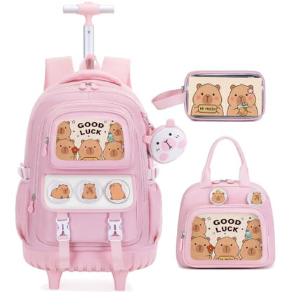 Capybara Rolling Backpack for Girls - 3PCS Girls Backpack Kids Suitcase with Lunch Box & Pencil Case Travel - Capybara Backpack with Wheels for Kindergarten Preschool Elementary (Pink) - color: Pink