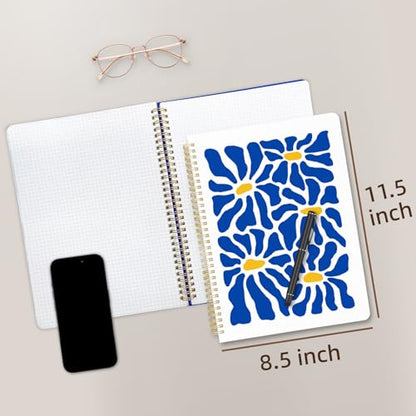 Cute Spiral Notebook journal A4 Aesthetic Pretty Design for Women Girls Kawaii with Pocket, 8.5 x 11 inch, Graph, Blue Flower - color: Blue Flower, style: Graph