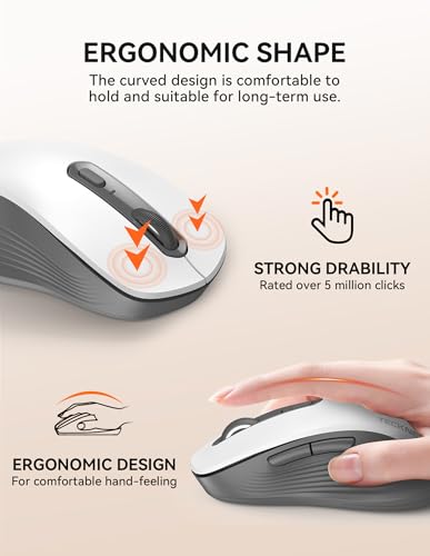 TECKNET Bluetooth Mouse, [ USB + BT1 + BT2 ] Wireless Mouse for Laptop, Silent Click, Ergonomic Design, 4800 DPI Computer Mice Wireless, Dual Mode for Laptop, Computer, iPad, MacBook - color: Grayish White