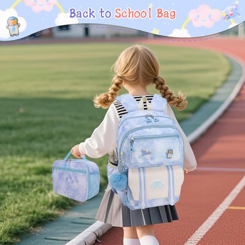 Girls Backpack,Cute Print School Kids Backpack with Insulated Lunch Box Pen Case Set,Kindergarten Elementary School Book Bag for Girls Children Students(3 pieces set -Blue) - color: 3 Pieces Set -Blue
