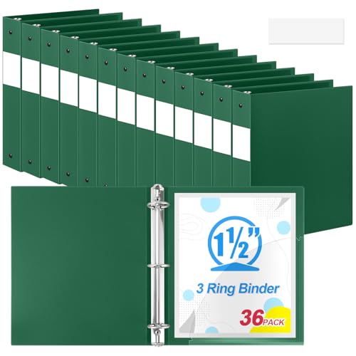 Henoyso 36 Pcs Dark Green 1.5 Inch 3 Ring Plastic Binder Bulk, 1 1/2 Inch Soft Flexible Binders Three Round Rings Fit 8.5x11 Papers for School Office Home File Organization Supplies - color: Dark Green