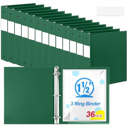Henoyso 36 Pcs Dark Green 1.5 Inch 3 Ring Plastic Binder Bulk, 1 1/2 Inch Soft Flexible Binders Three Round Rings Fit 8.5x11 Papers for School Office Home File Organization Supplies - color: Dark Green
