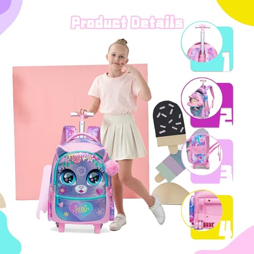 Meetbelify Rolling Backpack for Girls Backpacks with Wheels for Elementary School Students Kids 2 in 1 Travel Luggage Suitcase for Girls Age 8-10 - color: Flower