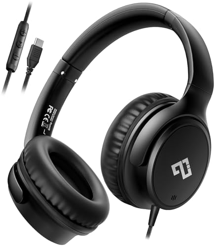 INFURTURE USB C Kids Headphone for School with Microphone | Foldable Lightweight Headphones, Wired Headphones, NO Charging Required Wired School Headphones for Teens for iPad, Laptop - color: Classic Black